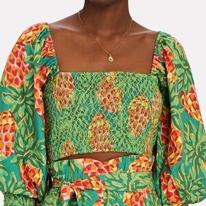 FARM Rio || Pineapple Galore Smocked Crop Top Green